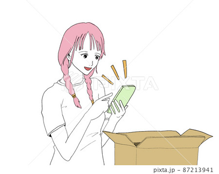 イラスト_段ボールの前でスマホを操作する女性 イラスト_段ボールの前でスマホを操作する女性 87213941