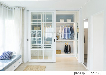 A Large White Built-in Wardrobe Stocked With Clothing, Shoes and Accessories. Walk-in closet, Dressing Room. A Large White Built-in Wardrobe Stocked With Clothing, Shoes and Accessories. Walk-in closet, Dressing Room. 87214266