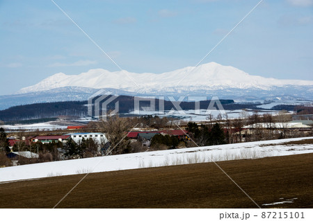 春の畑作地帯と冠雪の山並み 大雪山 春の畑作地帯と冠雪の山並み 大雪山 87215101