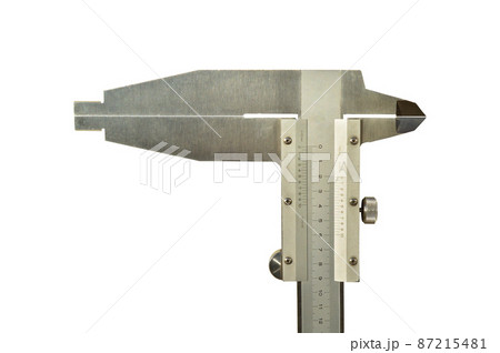 Analogue vernier calliper made of stainless steel for precise measurements, isolated on white background 87215481