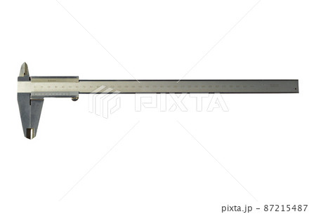 Analogue vernier calliper made of stainless steel for precise measurements, isolated on white background 87215487