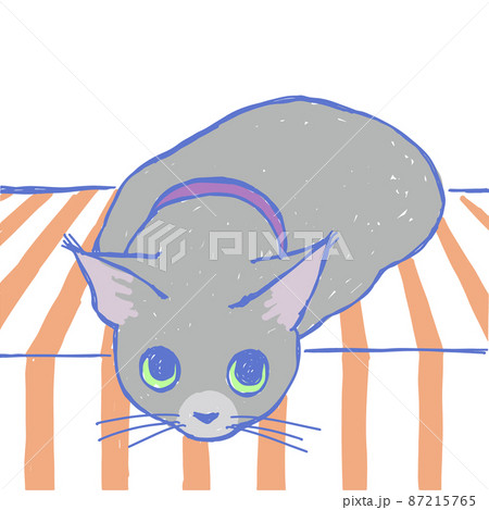 漫画タッチの、テーブルに寝転がって見上げている、ロシアンブルーのネコ 漫画タッチの、テーブルに寝転がって見上げている、ロシアンブルーのネコ 87215765