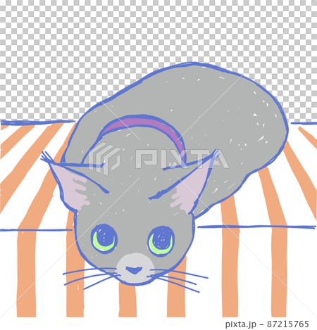 漫画タッチの、テーブルに寝転がって見上げている、ロシアンブルーのネコ 漫画タッチの、テーブルに寝転がって見上げている、ロシアンブルーのネコ 87215765