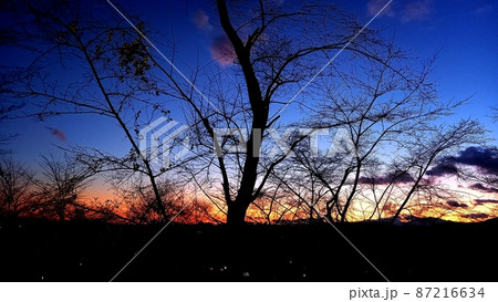 ノスタルジックな気持ちになる夕暮れの丘から見た風景   87216634