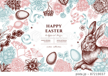 Easter hand drawn illustration design. Background with vintage rabbit, eggs, willow branches Easter hand drawn illustration design. Background with vintage rabbit, eggs, willow branches 87219037