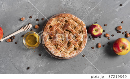 top view pie with honey apples top view pie with honey apples 87219349