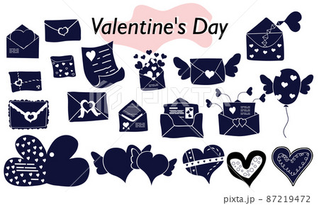 A set of items for Valentines Day. Envelopes, valentines, letters. Icons. In a solid version, in one color. A symbol of love and a Valentines Day holiday. Vector illustration. 87219472