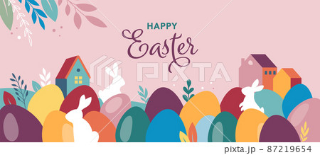 Happy Easter banner, poster, greeting card. Trendy Easter design with typography, bunnies, flowers Happy Easter banner, poster, greeting card. Trendy Easter design with typography, bunnies, flowers 87219654