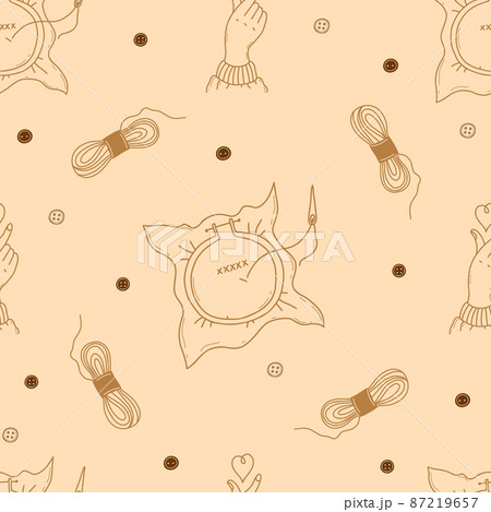 Seamless pattern embroidery, threads and heart hand gesture on light yellow background with buttons and skeins of threads. Vector illustration. Linear hand drawings in doodle style. Seamless pattern embroidery, threads and heart hand gesture on light yellow background with buttons and skeins of threads. Vector illustration. Linear hand drawings in doodle style. 87219657