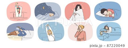 Set of tired woman relax sleep in bed Set of tired woman relax sleep in bed 87220049