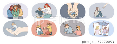 Set of depressed people suffer get help and support  87220053