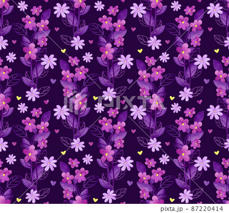 Watercolor seamless pattern of lilac flowers on a dark background. 87220414