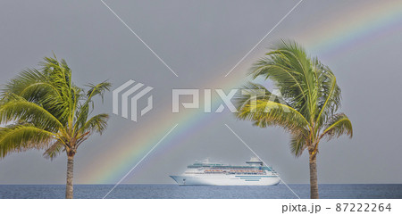 Cruise ship in Caribbean sea with rainbow and palm tree on foreground. Landscape with big cruise liner 87222264