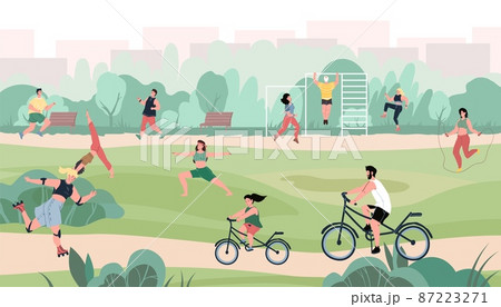 Cartoon flat characters doing various outdoor sport activities at city park,healthy sporty lifestyle vector illustration concept 87223271