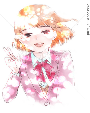 ピースサインの女子高生/笑顔＆木漏れ日 87223952