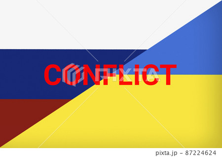 Ukraine vs Russia in world war crisis concept. Clash and military war conflict between Ukrainian and Russian country and nation. Flags of the two countries. Peace, no war, flag symbols 87224624