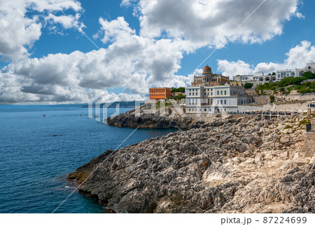 Santa Cesarea terme, Salento, Puglia, Italy. Stunning view of the coastal town. Villa Sticchi stands out with its Moorish architectural style with Islamic influences. Santa Cesarea terme, Salento, Puglia, Italy. Stunning view of the coastal town. Villa Sticchi stands out with its Moorish architectural style with Islamic influences. 87224699