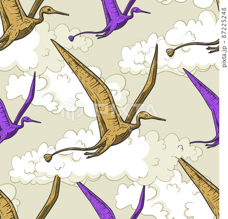 Pterodactyl dino, pterosaur cute kids seamless pattern. Pterodactyl dino, pterosaur cute kids seamless pattern. 87225248