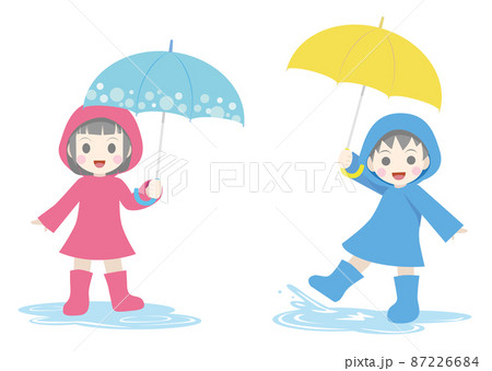 傘をさす男の子と女の子のイラストセットのイラスト素材