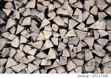 birch firewood stacked in a woodpile - stocks of firewood for the winter birch firewood stacked in a woodpile - stocks of firewood for the winter 87227386