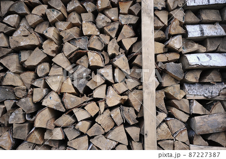 birch firewood stacked in a woodpile - stocks of firewood for the winter birch firewood stacked in a woodpile - stocks of firewood for the winter 87227387