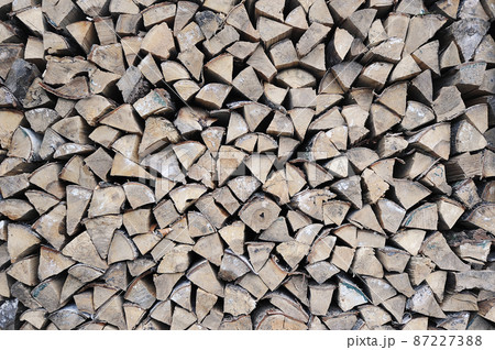 birch firewood stacked in a woodpile - stocks of firewood for the winter 87227388