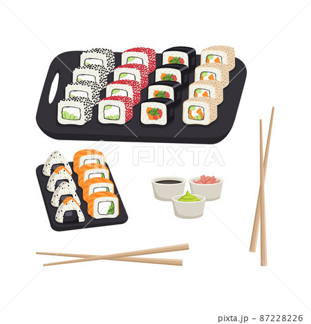 Set with japanese sushi dish, rolls and onigiri. Delicious oriental traditional food on black tray with chopsticks, ginger, wasabi and soy sauce. Vector flat food illustration Set with japanese sushi dish, rolls and onigiri. Delicious oriental traditional food on black tray with chopsticks, ginger, wasabi and soy sauce. Vector flat food illustration 87228226