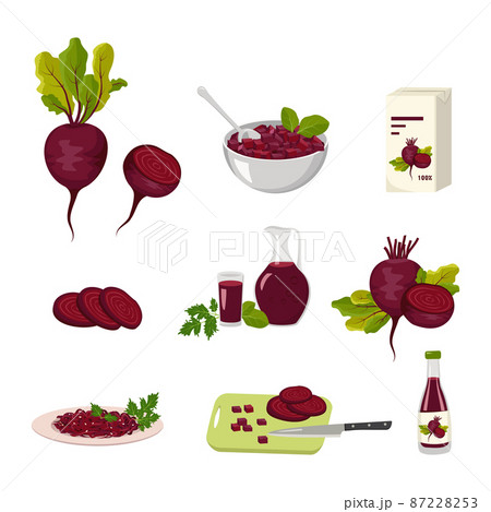 Beetroot and beet products icons set. Whole vegetable and halves with leaves, juice in bottle, jug and glass, grated food on plate and pieces in bowl. Sweet food for diet. Vector flat illustration Beetroot and beet products icons set. Whole vegetable and halves with leaves, juice in bottle, jug and glass, grated food on plate and pieces in bowl. Sweet food for diet. Vector flat illustration 87228253