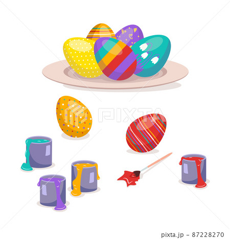 Multicoloured Easter eggs with pattern lie on a plate and beside a brush and paint. Happy Christian religious holiday and traditions. Spring festive decorations. Vector illustration 87228270