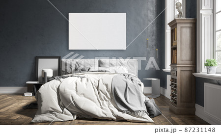 mock up poster frame in modern interior background, bedroom, Boho - Scandinavian style, 3D render, 3D illustration 87231148