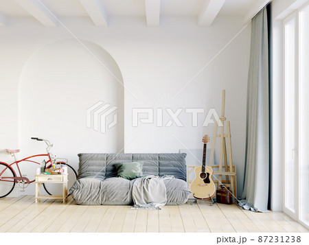 Modern beautiful interior of the room with light walls, large windows and stylish furniture. Bright design in Scandinavian style. 3D rendering Modern beautiful interior of the room with light walls, large windows and stylish furniture. Bright design in Scandinavian style. 3D rendering 87231238