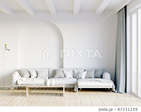 Modern beautiful interior of the room with light walls, large windows and stylish furniture. Bright design in Scandinavian style. 3D rendering Modern beautiful interior of the room with light walls, large windows and stylish furniture. Bright design in Scandinavian style. 3D rendering 87231239
