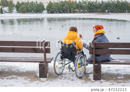 Caucasian woman in a wheelchair and her friend are sitting by the lake with ducks in winter. Caucasian woman in a wheelchair and her friend are sitting by the lake with ducks in winter. 87232215