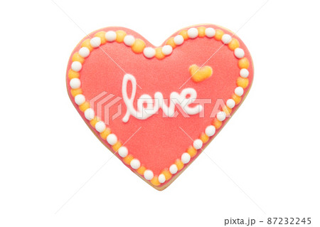 Red Heart Shaped Cookie with Royal Icing Isolated on White Background Red Heart Shaped Cookie with Royal Icing Isolated on White Background 87232245