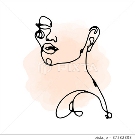 Women face in one line art style. Watercolor pink spots on the background. Vector hand drawn illustration. Women face in one line art style. Watercolor pink spots on the background. Vector hand drawn illustration. 87232808