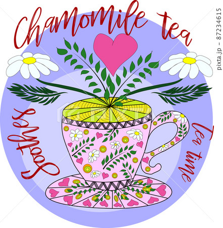 Cup of hot camomile tea and stem with leaves and flowers. Chamomile stem with leaves and flowers. 87234615