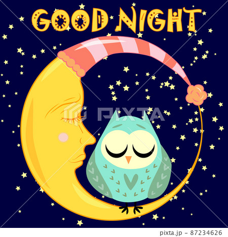 Good night. Postcard with a dormant crescent, a cute cartoon owl and text. Good night. Postcard with a dormant crescent, a cute cartoon owl and text. 87234626
