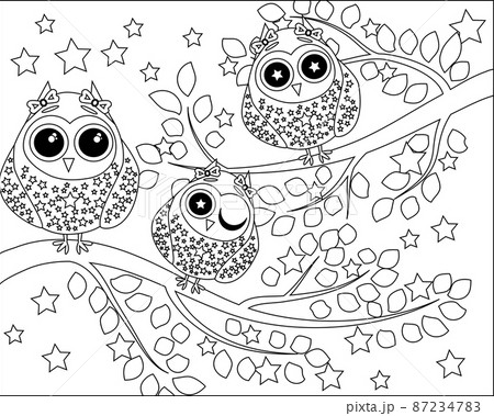 Coloring book for adult and older children. Coloring page with cute owl and floral. 87234783