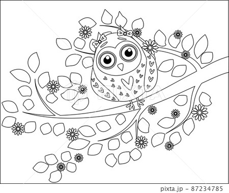 Coloring book for adult and older children. Coloring page with cute owl and floral. 87234785
