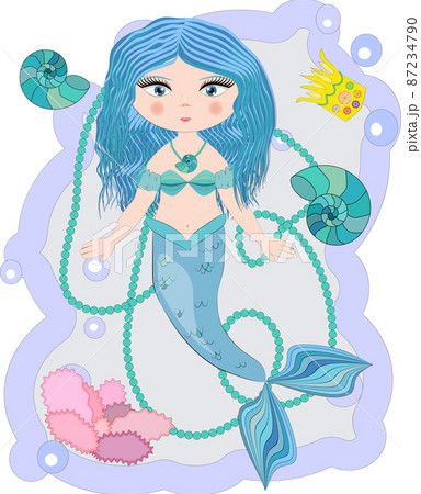 Cartoon, cute little mermaid, sea princess, siren, with blue hair, open eyes and a forked tail Cartoon, cute little mermaid, sea princess, siren, with blue hair, open eyes and a forked tail 87234790