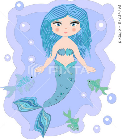 Cartoon, cute little mermaid, sea princess, siren, with blue hair, open eyes and a forked tail 87234793