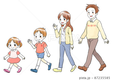 こちらを向いて歩く、手書き風の仲良し家族のイラスト 87235585