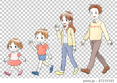 こちらを向いて歩く、手書き風の仲良し家族のイラスト 87235585