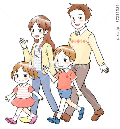 こちらを向いて歩く、手書き風の仲良し家族のイラスト 87235586