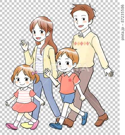 こちらを向いて歩く、手書き風の仲良し家族のイラスト 87235586