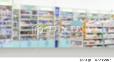 Pharmacy table banner background. Blur counters of pharmacy with medicines, tablets and pills. Pharmacy table banner background. Blur counters of pharmacy with medicines, tablets and pills. 87235907