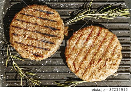 Veggie cutlet is grilled for veg burger. Vegetarian products from plant-based meat concept, beyond kitchen background 87235916