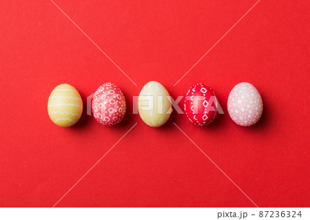 holiday preparation Multi colors Easter eggs on colored background . Pastel color Easter eggs. holiday concept with copy space 87236324