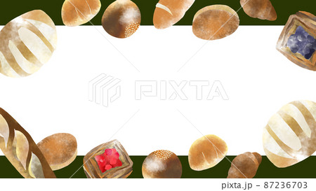 パン 緑 横長 フレーム 水彩風イラスト パン 緑 横長 フレーム 水彩風イラスト 87236703
