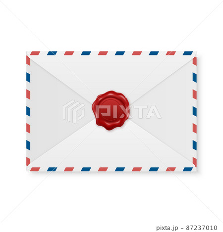 Vector 3d Realistic Vintage Letter Stamp, Wax Seal on White Envelope. Certificate, Document. Imprint, Insignia, Tag. Guarantee, Secret Sign, Label and Envelope Closeup, Top View 87237010